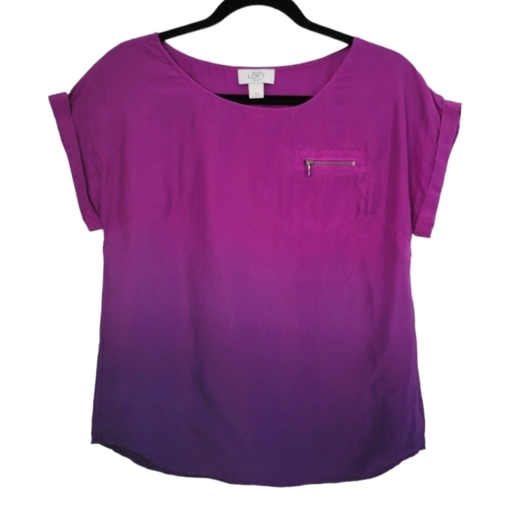 LOFT 100% Silk Ombre Purple Top with Zipper Pocket Women's sx XS